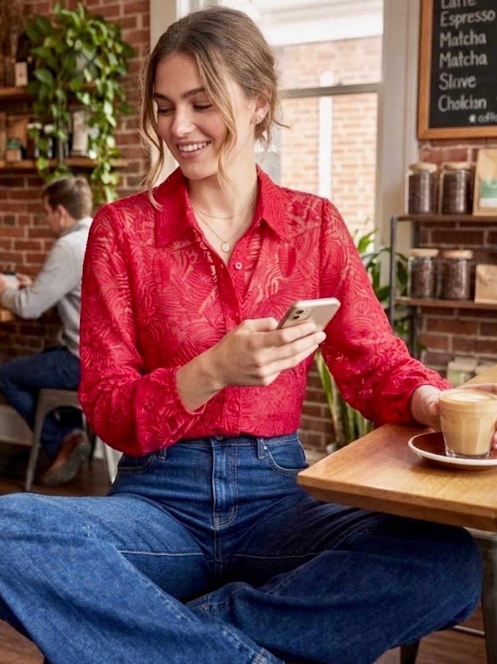 TanJay Vibrant Red Textured Collared Blouse